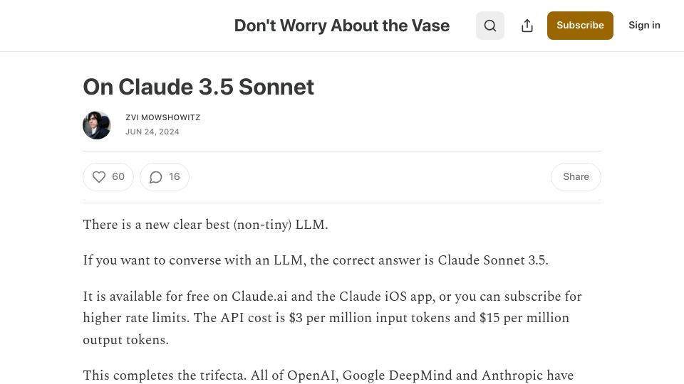 Screenshot of thezvi.substack.com: Claude 3.5 Sonnet
