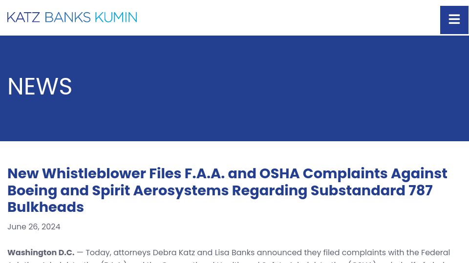 Screenshot of katzbanks.com: New Whistleblower Files FAA and OSHA Complaints Against Boeing and Spirit