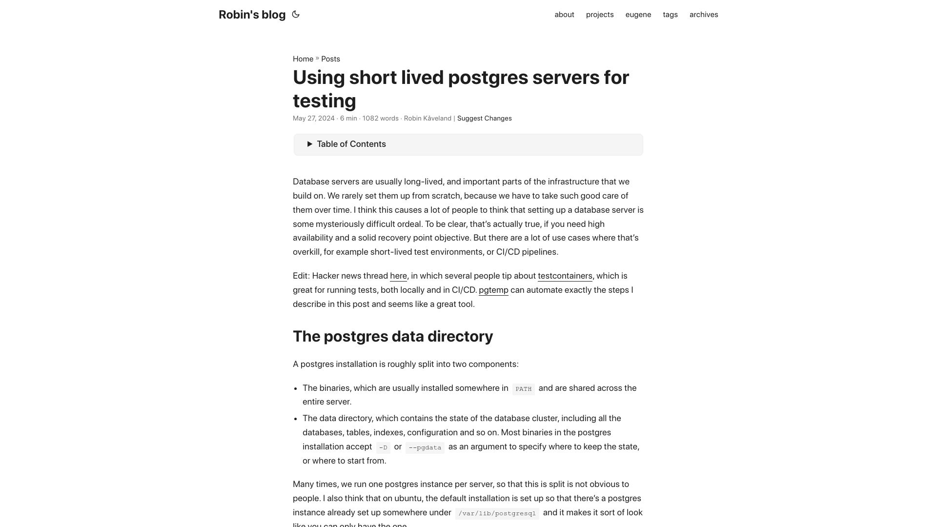 Screenshot of kaveland.no: Using short lived Postgres servers for testing
