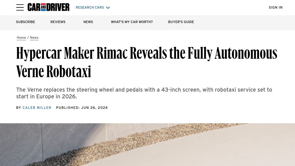 Screenshot of caranddriver.com: Hypercar Maker Rimac Reveals the Fully Autonomous Verne Robotaxi