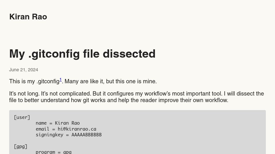 Screenshot of kiranrao.ca: My .gitconfig File Dissected