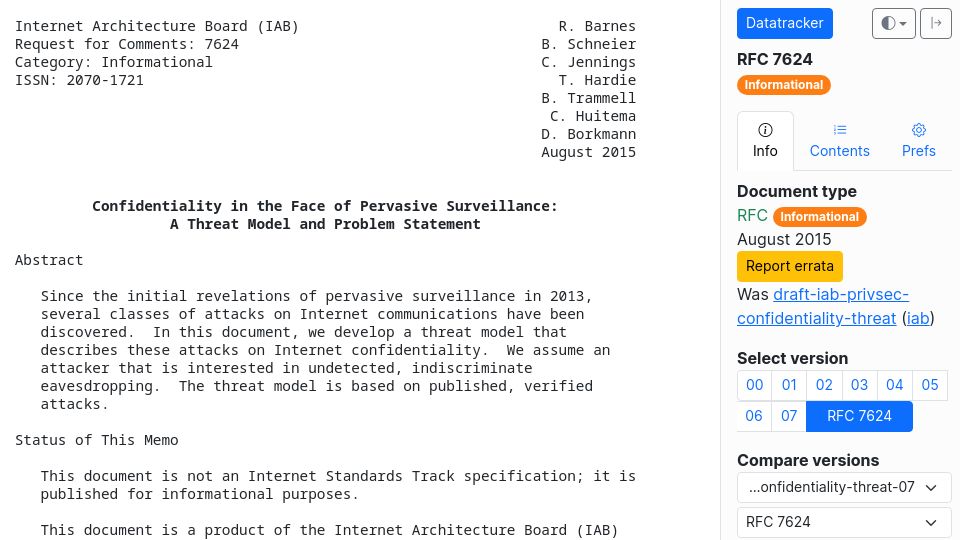 Screenshot of datatracker.ietf.org: Confidentiality in the Face of Pervasive Surveillance