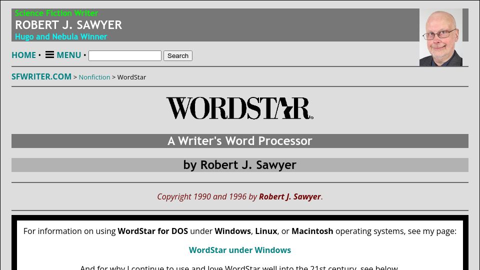 Screenshot of sfwriter.com: WordStar – A Writer's Word Processor (1990)