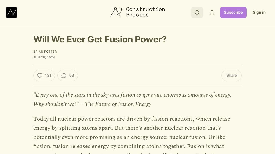 Screenshot of construction-physics.com: Will we ever get fusion power?