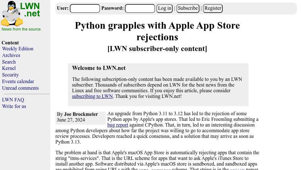 Screenshot of lwn.net: Python grapples with Apple App Store rejections