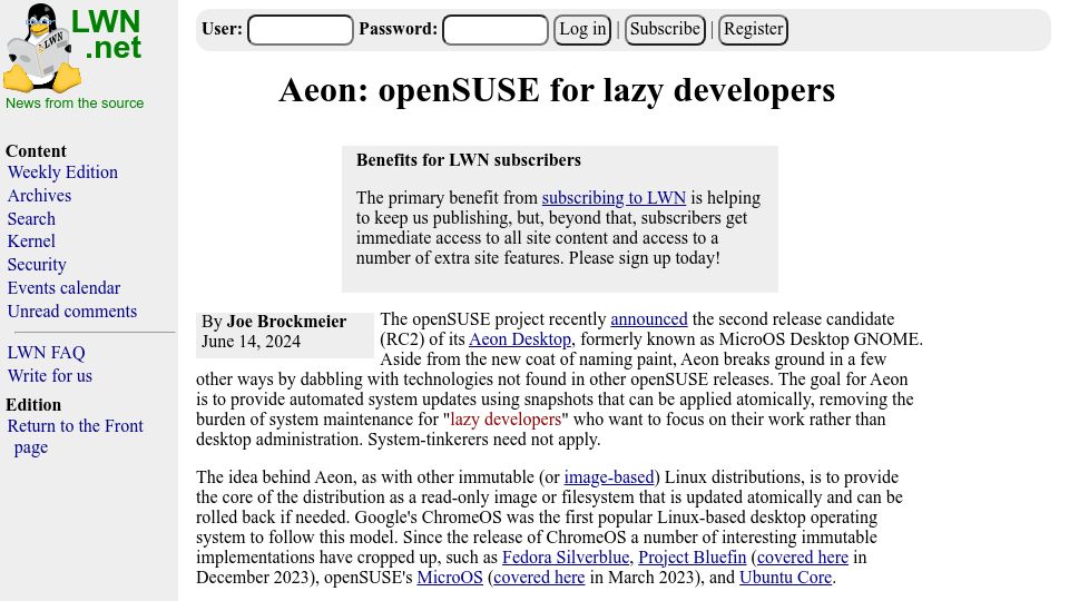 Screenshot of lwn.net: Aeon: OpenSUSE for Lazy Developers