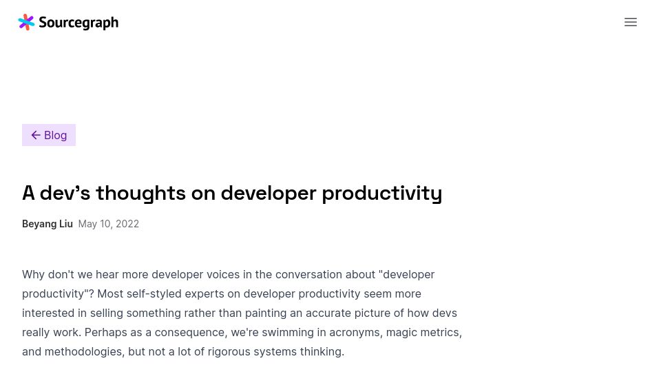 Screenshot of sourcegraph.com: A dev's thoughts on developer productivity (2022)