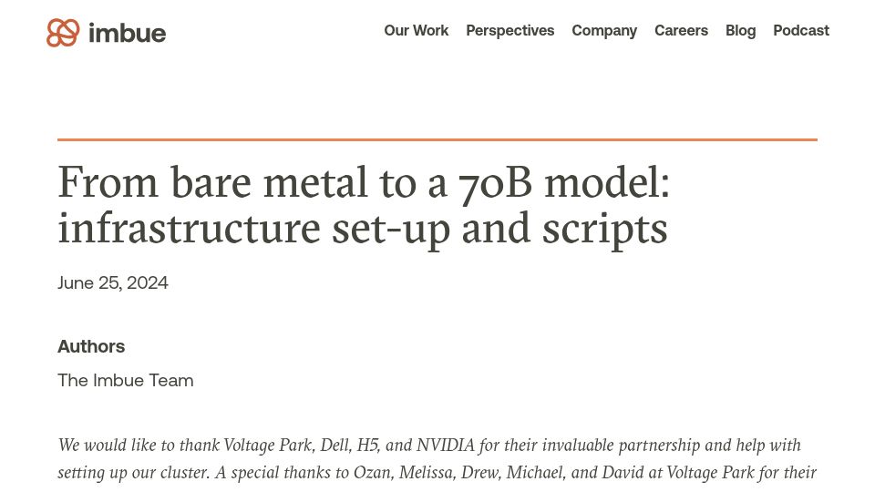 Screenshot of imbue.com: Infrastructure setup and open-source scripts to train 70B model from bare metal