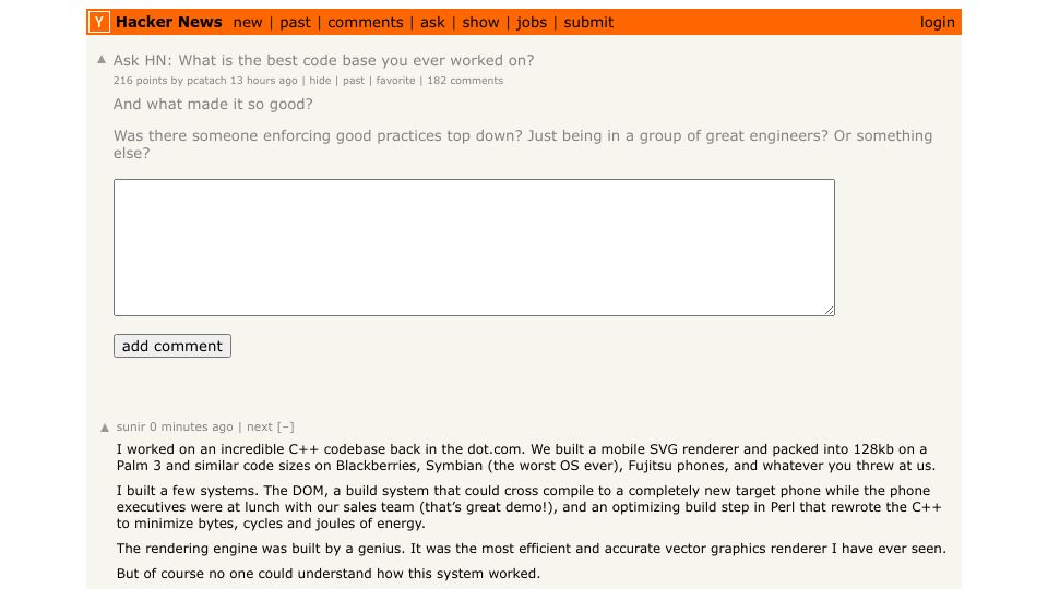 Screenshot of Hacker News post: Ask HN: What is the best code base you ever worked on?