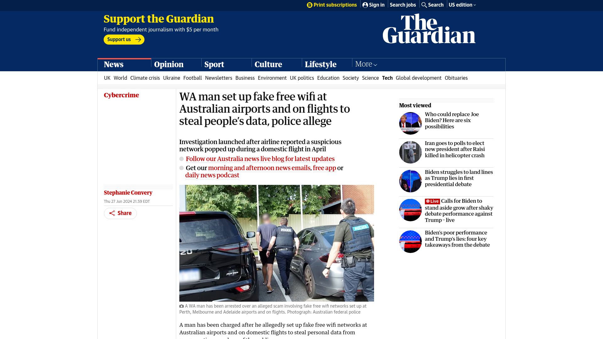 Screenshot of theguardian.com: WA man set up fake free WiFi at airports and on flights, police allege