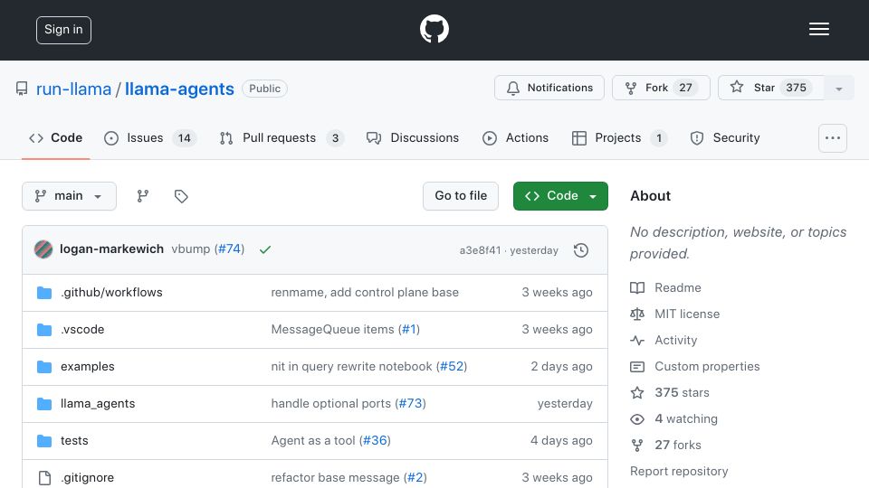 Screenshot of github.com: Llama-agents: an async-first framework for building production ready agents
