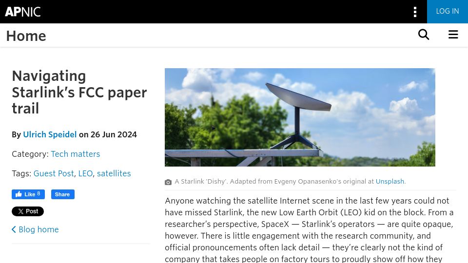 Screenshot of blog.apnic.net: Navigating Starlink's FCC Paper Trail