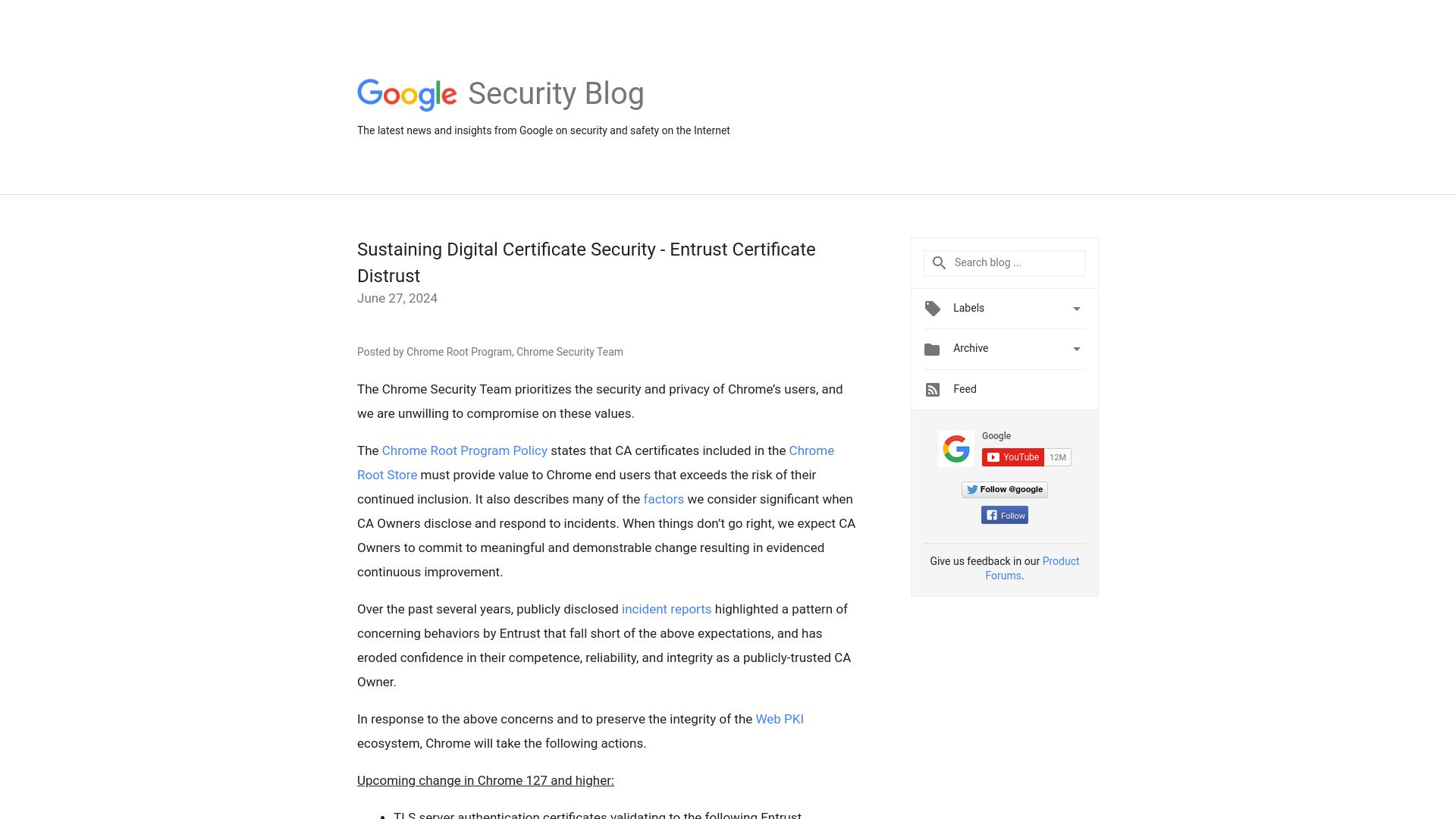 Screenshot of security.googleblog.com: Entrust Certificate Distrust