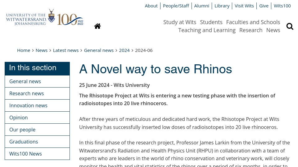 Screenshot of wits.ac.za: The Rhisotope Project: Insertion of radioisotopes into live rhinoceros