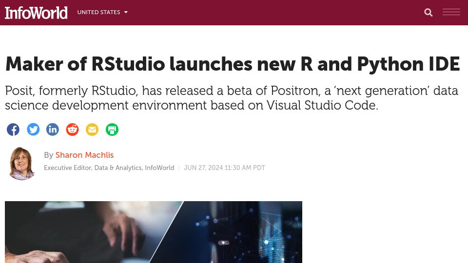 Screenshot of infoworld.com: Maker of RStudio launches new R and Python IDE