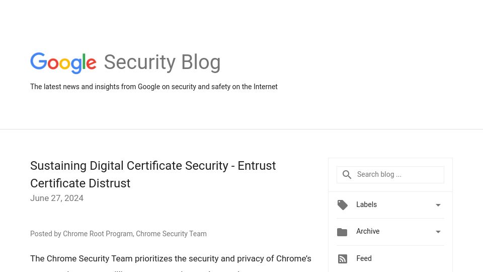 Screenshot of security.googleblog.com: Entrust Certificate Distrust