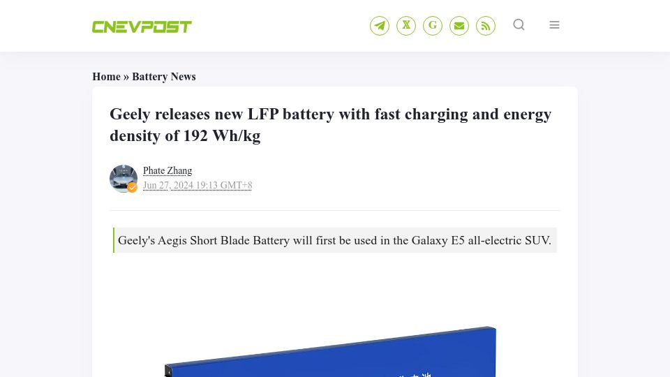 Screenshot of cnevpost.com: Geely releases new LFP battery with fast charging and energy density of 192Wh/kg