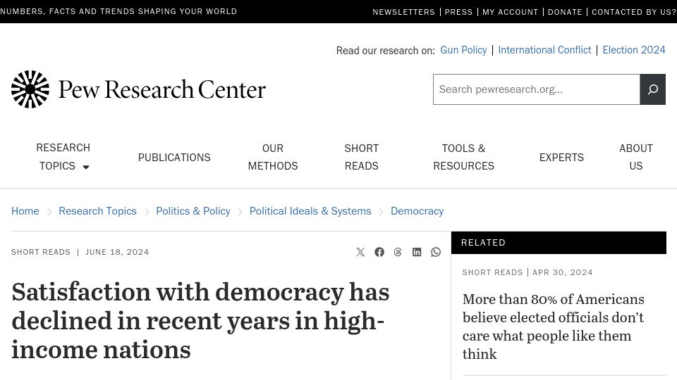 Screenshot of pewresearch.org: Satisfaction with Democracy Has Declined in Recent Years in High-Income Nations