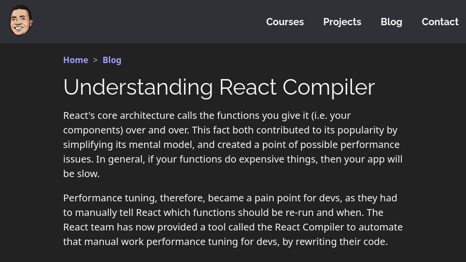 Screenshot of tonyalicea.dev: Understanding React Compiler