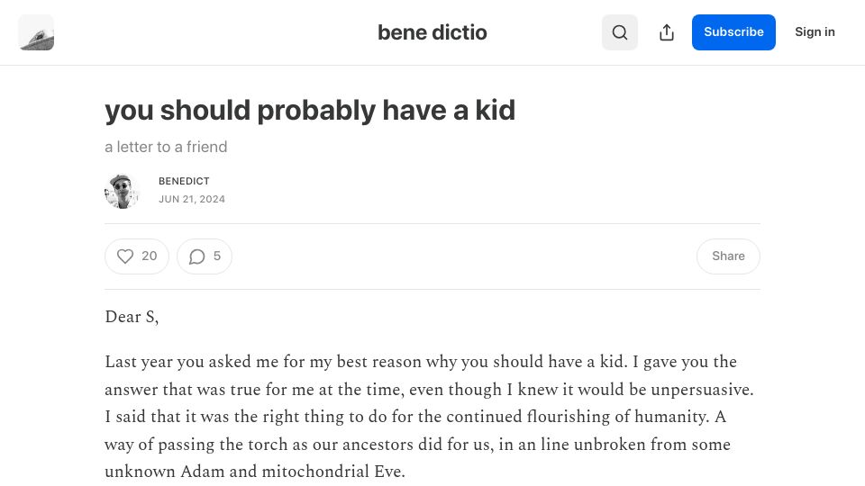 Screenshot of benexdict.io: you should probably have a kid