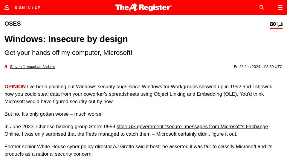 Screenshot of theregister.com: Windows: Insecure by Design