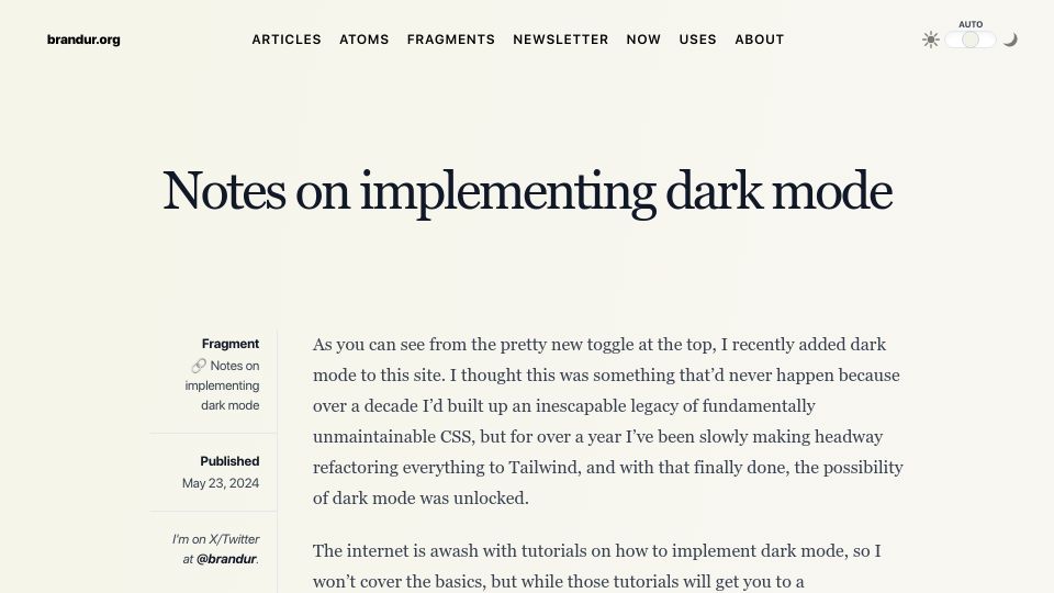 Screenshot of brandur.org: Notes on Implementing Dark Mode