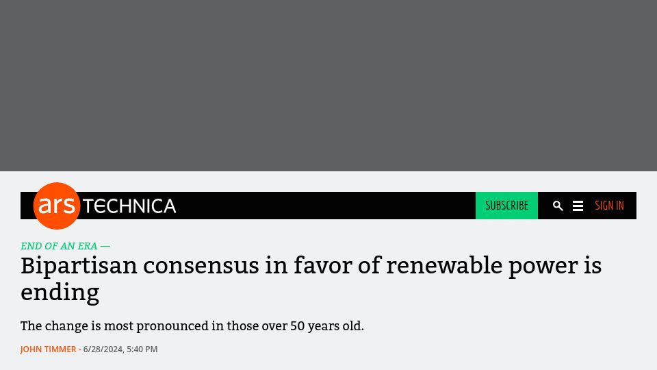 Screenshot of arstechnica.com: Bipartisan consensus in favor of renewable power is ending