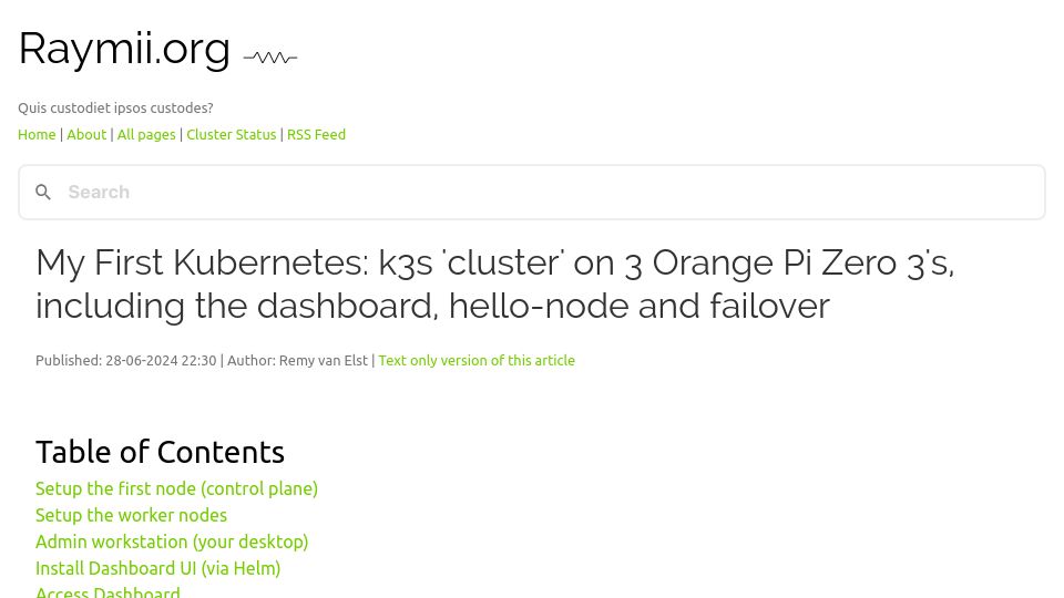 Screenshot of raymii.org: My First Kubernetes: k3s 'cluster' on 3 Orange Pi Zero 3's