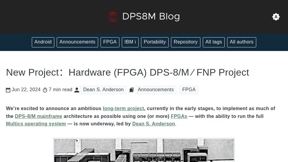 Screenshot of dps8m.gitlab.io: Hardware FPGA DPS-8M Mainframe and FNP Project