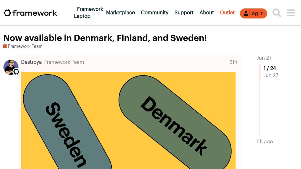 Screenshot of community.frame.work: Frame.work laptop now available in Denmark, Finland, and Sweden