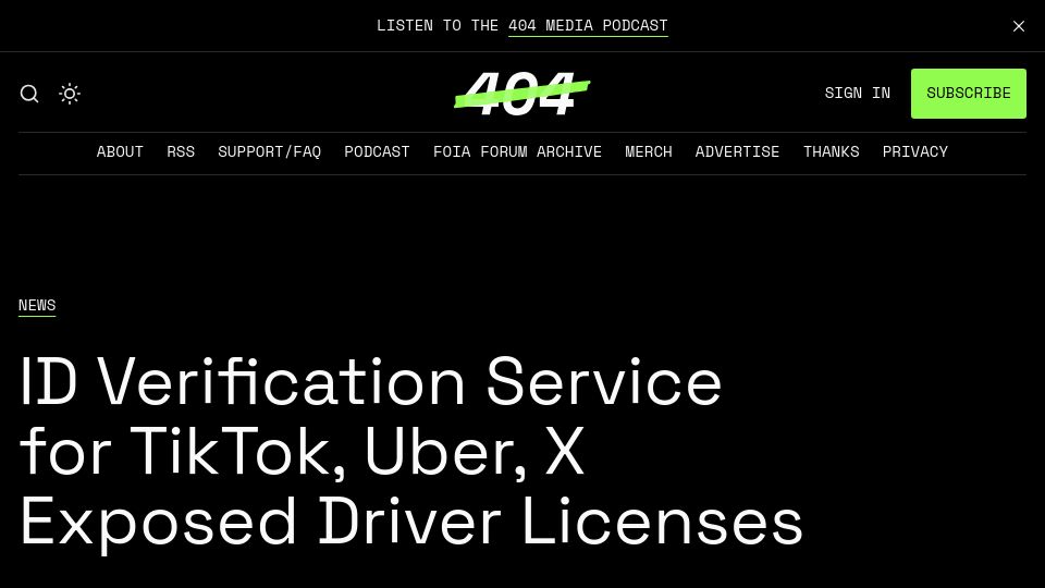 Screenshot of 404media.co: ID verification service for TikTok, Uber, X exposed driver licenses