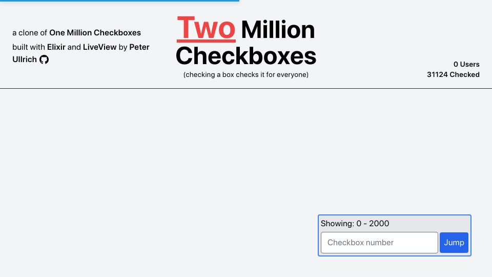 Screenshot of twomillioncheckboxes.com: Two million checkboxes (written in Elixir)