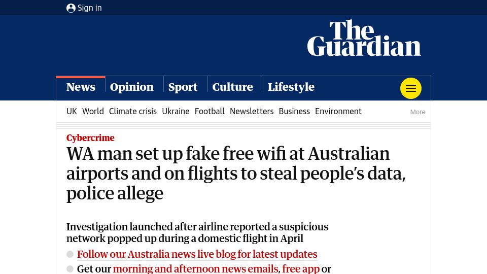 Screenshot of theguardian.com: WA man set up fake free WiFi at airports and on flights, police allege