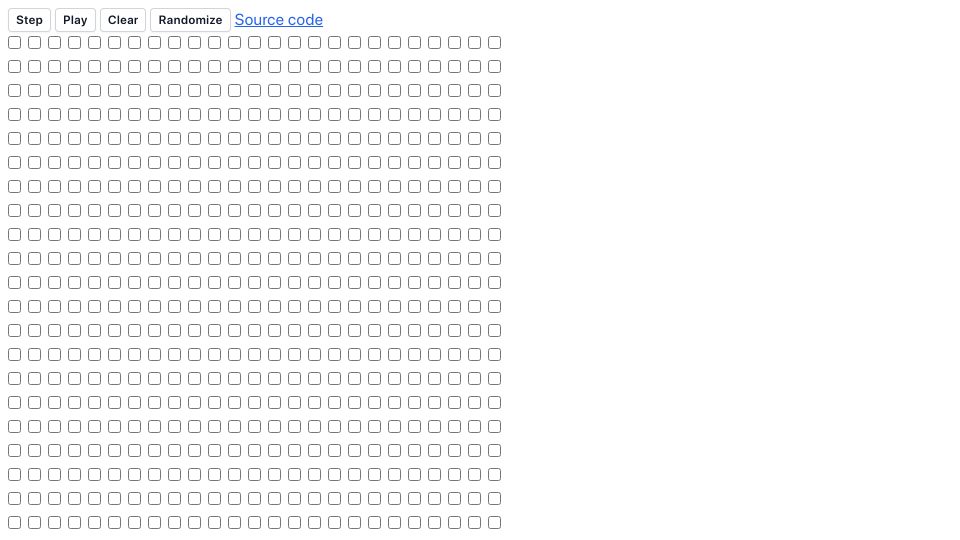 Screenshot of huth.me: Conway's Game of Life, in checkboxes for some reason
