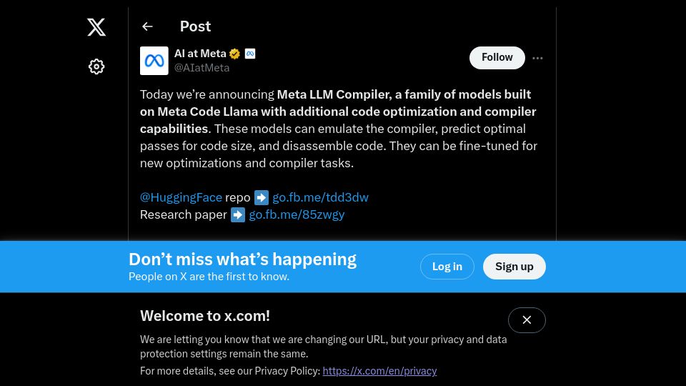 Screenshot of twitter.com: Meta LLM Compiler: neural optimizer and disassembler