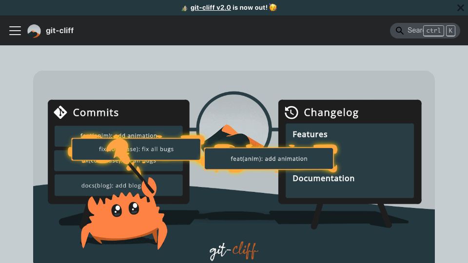 Screenshot of git-cliff.org: Git-cliff – Generate changelog from the Git history