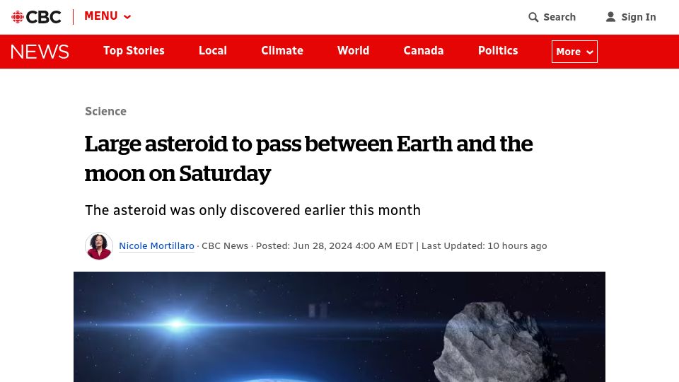 Screenshot of cbc.ca: Discovered June 16th, large asteroid to pass between Earth and moon on Saturday
