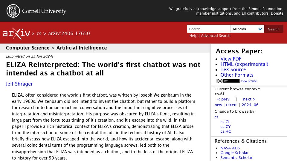 Screenshot of arxiv.org: ELIZA Reinterpreted: The world's first chatbot was not intended as a chatbot