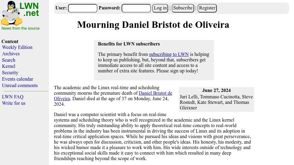 Screenshot of lwn.net: Mourning Daniel Bristot de Oliveira