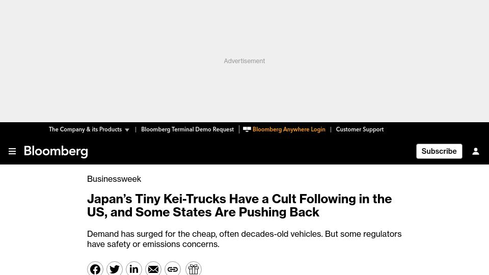Screenshot of bloomberg.com: Japan's Mini Kei-Truck Sales Surge in US Despite Safety Concerns