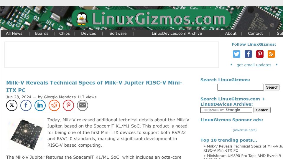 Screenshot of linuxgizmos.com: Milk-V Reveals Technical Specs of Milk-V Jupiter RISC-V Mini-ITX PC