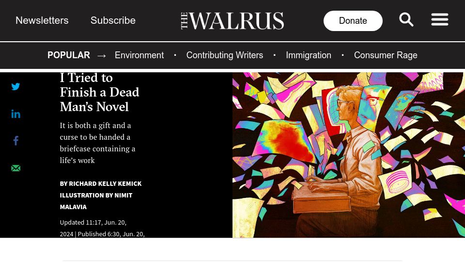 Screenshot of thewalrus.ca: I tried to finish a dead man's novel