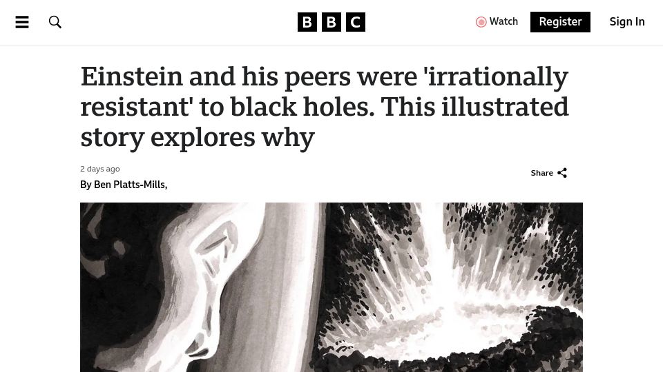 Screenshot of bbc.com: Einstein and his peers were resistant to black holes