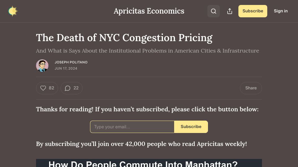 Screenshot of apricitas.io: The Death of NYC Congestion Pricing