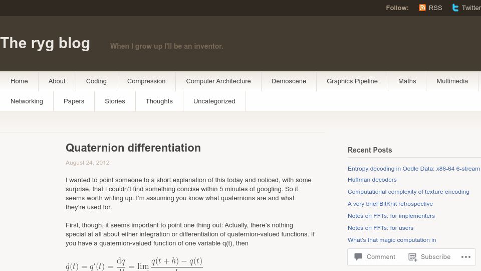 Screenshot of fgiesen.wordpress.com: Quaternion Differentiation (2012)
