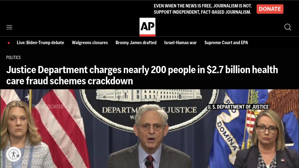 Screenshot of apnews.com: 200 people charged in $2.7B health care fraud crackdown