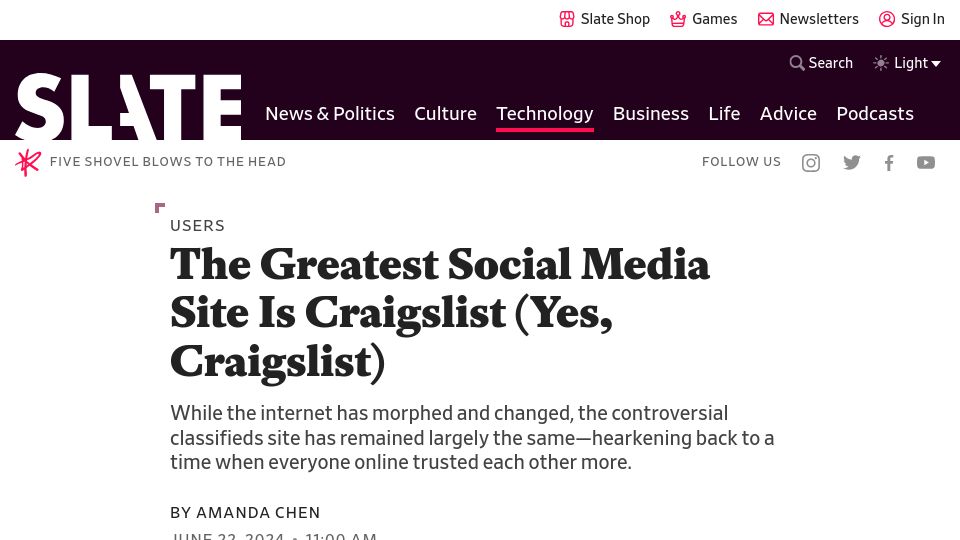 Screenshot of slate.com: The greatest social media site is Craigslist