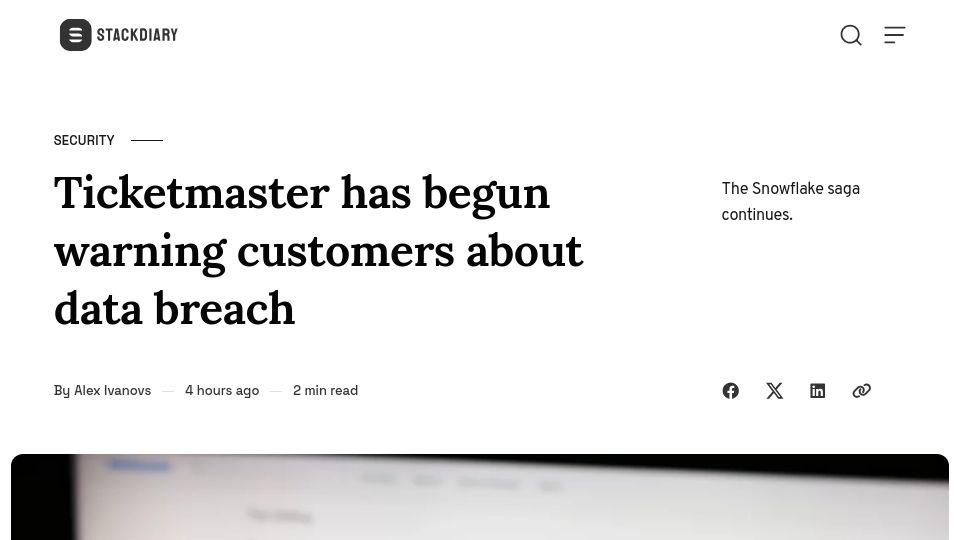 Screenshot of stackdiary.com: Ticketmaster has begun warning customers about data breach