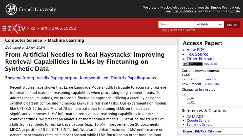 Screenshot of arxiv.org: Artificial Needles to Real Haystacks: Improving Retrieval Capabilities in LLMs