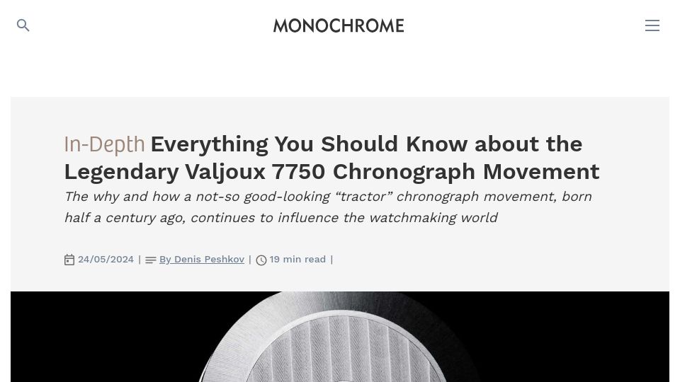 Screenshot of monochrome-watches.com: The Valjoux 7750 chronograph movement